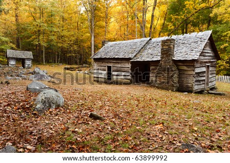 Roaring fork motor road, the great smoky mountains national park. Old cabin in autumn