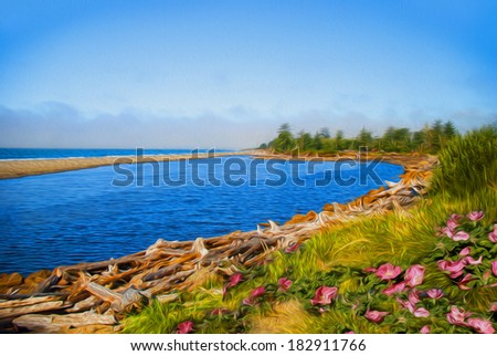 Vegetation on a colorful beach landscape. Oil painting style.