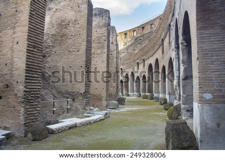 Rome, Italy, 10/31/2014, Roman Colosseum interior. Interior gallery around the arena.