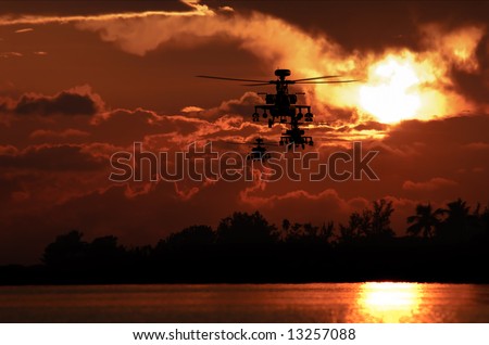 Photo-realistic 3D render of three Apache helicopters at sunset.