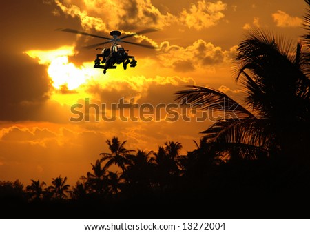 Photo-realistic 3D render of Apache helicopter at sunset.