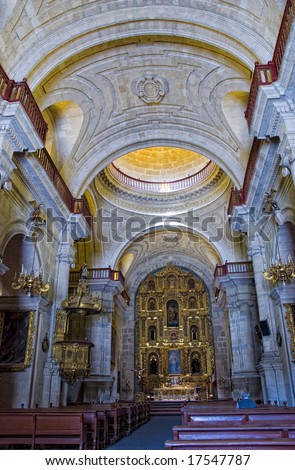 Interior of Jesuit Church La compania. One of the oldest in the city noted for its ornate facade and main altar covered in gold leaf. Arequipa Peru.