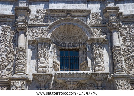 Exterior detail of the facade of Jesuit Church La compania. One of the oldest in the city noted for its ornate facade and main altar covered in gold leaf. Arequipa Peru.