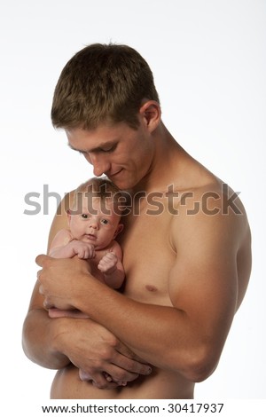 stock photo : Muscle guy with naked baby tattoo on white