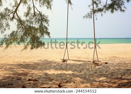 swing on ropes in a shadow of tree on yellow sand beach