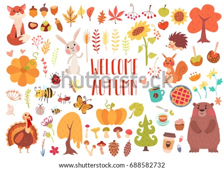 Big set of cute autumn animals, birds, insects, plants and sweets. Fall season stickers and clip-art. Thanksgiving design on white background.