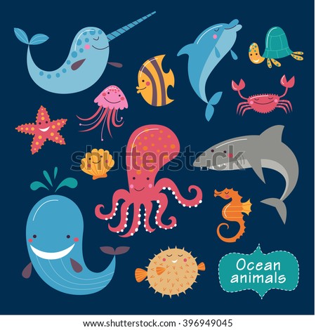Cute ocean animals on a dark background. Childish vector illustration of whale, fish, dolphin, turtle, shark, jellyfish, crab, octopus, asteroid, shell and narwhal.