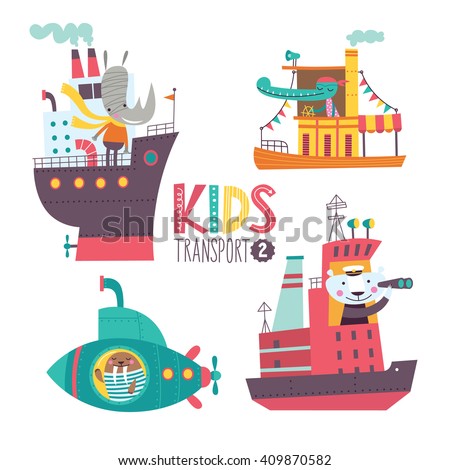 Kids transport collection with cute animals. Part 2. Vector illustration on a white background. Ocean liner, steamship, submarine, icebreaker.