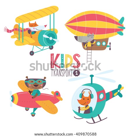 Kids transport collection with cute animals. Part 1. Vector illustration on a white background. Airplane, airship, plane, helicopter.
