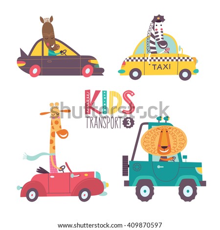 Kids transport collection with cute animals. Part 3. Vector illustration on a white background. Car, taxi, cabriolet