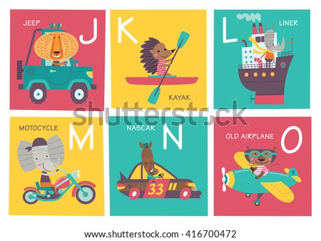 Cute vector alphabet with animals and transport in cartoon style. J, K, L, M, N, O. Part 3.