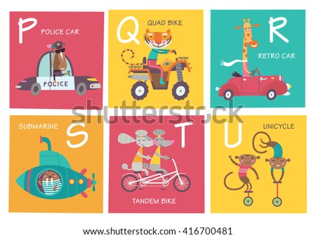 Cute Vector Alphabet With Animals And Transport In Cartoon Style P Q R S T U Part 4 Stock Images Page Everypixel