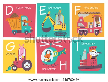 Cute vector alphabet with animals and transport in cartoon style. D, E, F, G, H, I. Part 2.