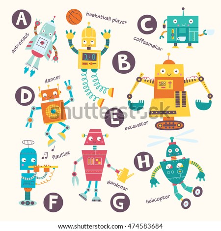Kids alphabet. Vector robots in cartoon style. A, B, C, D, E, F, G, H . Part 1.