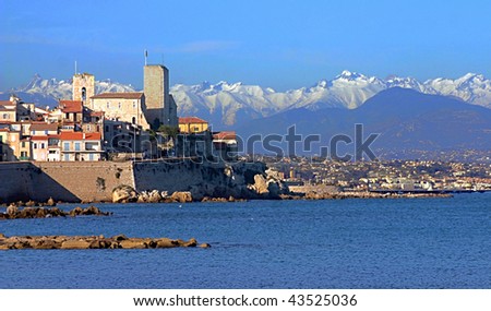 View of Antibes, south of France. Including the sea, alps and Picasso museum.