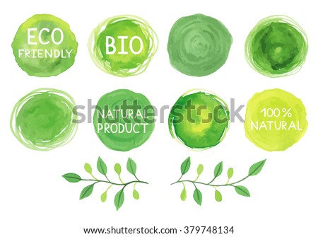 Set of watercolor green logo.Leaves, badges,lettering,branches wreath,plants elements,laurels. Hand drawn painting.Sign label,textured emblem set.Eco friendly,natural, product,organic design template.