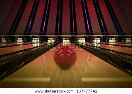 Red bowling ball is rolling on wooden lane. Ten pins are waiting for the shot.