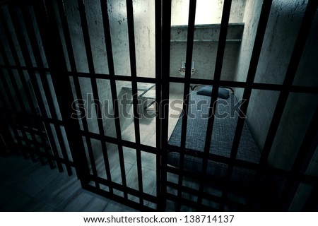Render of locked prison cell for one person with bed, sink, toilet and chair. Dark atmosphere.