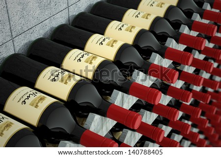 Dark bottles of wine with red caps on wooden shelf. Wine matures with age in a vineyard cellars. May represent aging, good taste or restaurant.