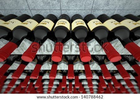 Dark bottles of wine with red caps on wooden shelf. Wine matures with age in a vineyard cellars. May represent aging, good taste or restaurant.