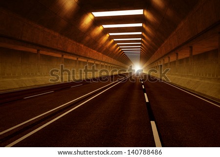 Driving through a dark car tunnel. Dimmed lights with orange tint. May represent travel, speed, transportation or urban communication.