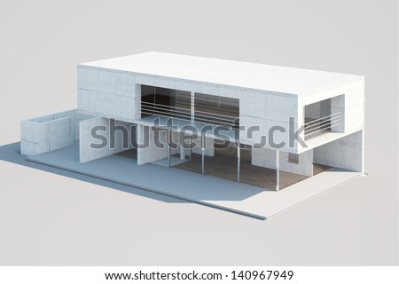 Top view of an architectural mock-up of a modern residential building made of paper. Illustrates house design, process of building a house.