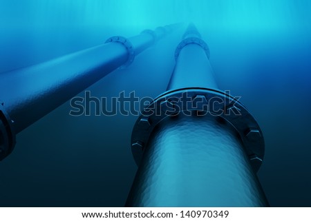 Pipeline in the blue waters of the sea.  Pipeline transportation is most common way of transporting goods such as oil, natural gas or water on long distances.