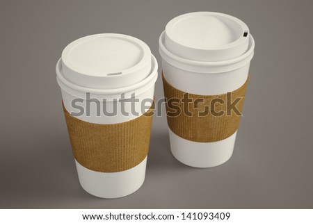 White paper take-away coffee cups with brown holding stripe on a brown background. Suitable for cafeterias, representing breakfast, morning and freshly made coffee.