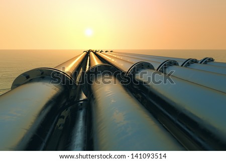 Tubes Running In The Direction Of The Setting Sun. Pipeline Transportation Is Most Common Way Of Transporting Goods Such As Oil, Natural Gas Or Water On Long Distances.