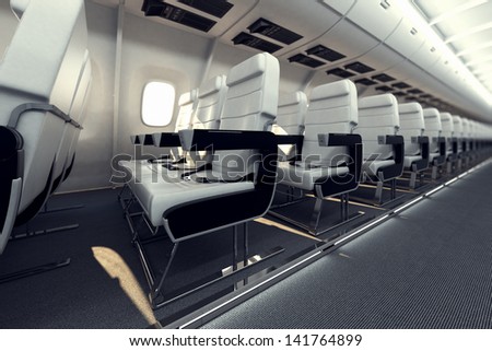 Image presents a row of white comfortable passanger seats inside the aircraft