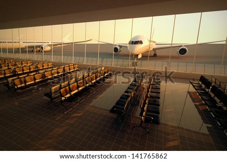 Top view on a modern airport terminal with black leather seats at sunset. A huge viewing glass facade with a passenger aircraft behind it.