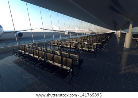 View on an aisle of modern airport terminal with black leather seats on a sunny morning. A huge viewing glass facade with a passenger aircraft behind it.