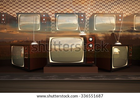 Exhibition Of Old Retro Color Tv Sets With Antenna