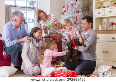 Three Generation Family at Christmas Time. Dad holds a small brown dog with a ribbon tied around its collar and everyone looks surprised.