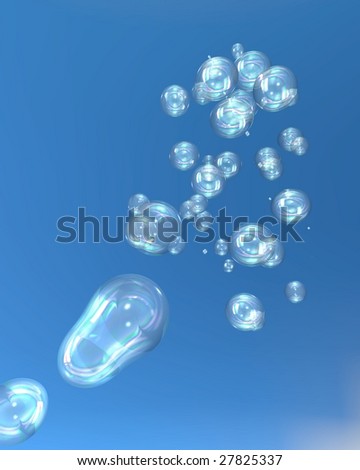 Soap bubbles floating into the clear sky