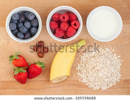 Ingredients for oatmeal with fresh fruit or smoothie