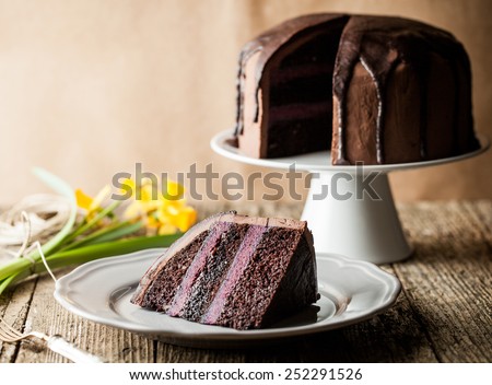 chocolate cake with blueberry cream and dark cocoa icing