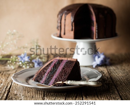 chocolate cake with blueberry cream and dark cocoa icing