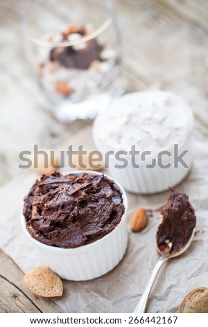 Cocoa avocado mousse and banana coconut cream - vegan dessert