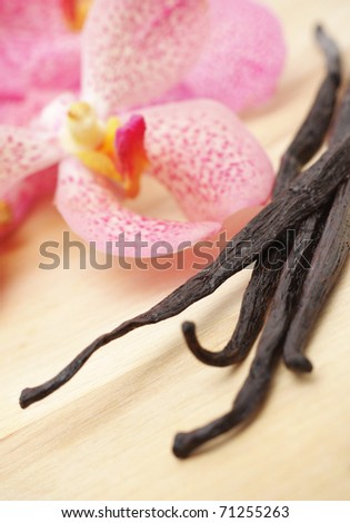 Vanilla beans and orhid flower on wooden desk