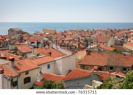 Roof tops in little town by the sea in Slovenia