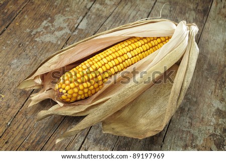 Corn cob with leaves on wooden desk