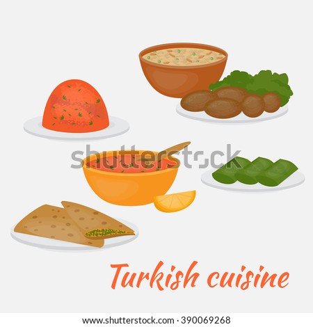 Middle East Food. Common main and side dishes,  dolma, kisir, ezogilin, gozleme and kofte. Turkish lentil salad, cutlet, soup, bread and stuffed grape leaves. Traditional food of Turkish cuisine.