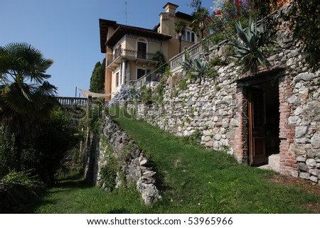 villa, house,  the aristocracy, stone wall, path, walk, grass,