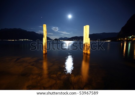 Lake Como, Italy, night, water, moon path, the reflection of the cloudless sky, stars, a pier for the ferry,