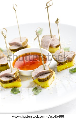 canapÃ©s, snacks, meat, pineapple, parsley, restaurant, gourmet