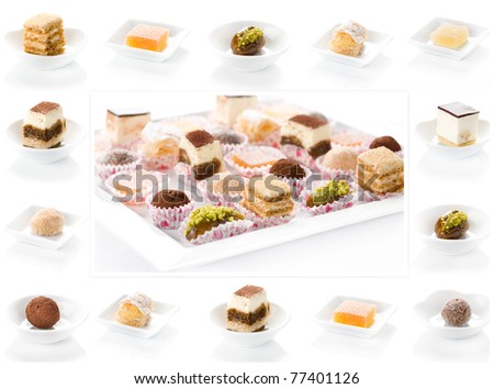 dessert assortment, cookies, cake candy restaurant menu marmalade date