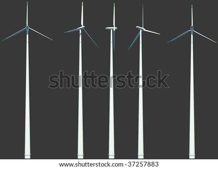 3D render - isolated wind turbines. Rendered in clean blue sky environment.