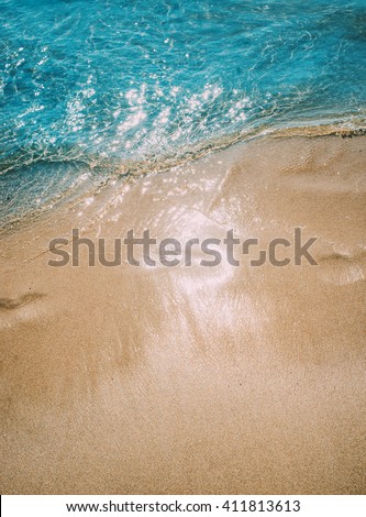 Azure blue sea. White clean sand. tropical beach. Travel inspiration. Vacation concept. Top view.