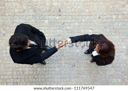 Business handshake between businessman and businesswoman